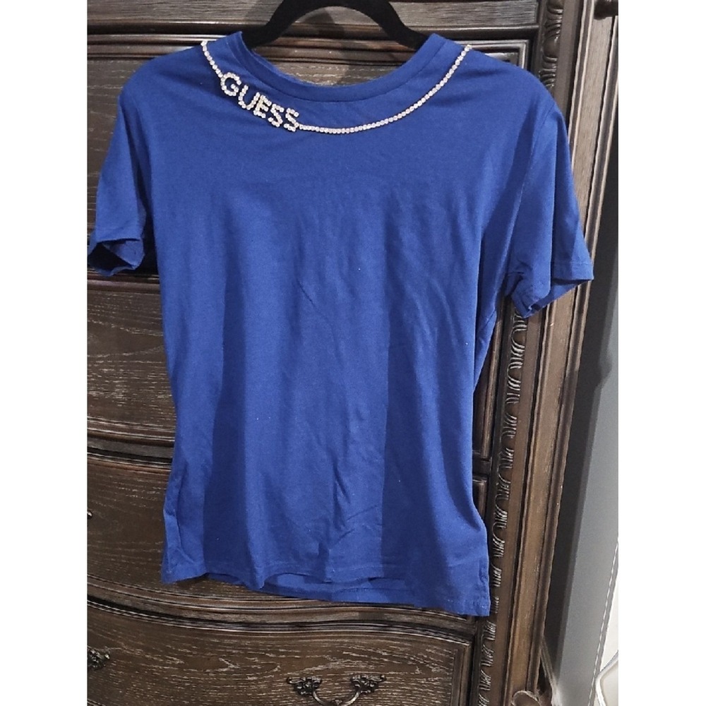 Guess Kids Charis Tee Blue Rhinestone Logo Organic Cotton Shirt Q4VI03KAK91 M